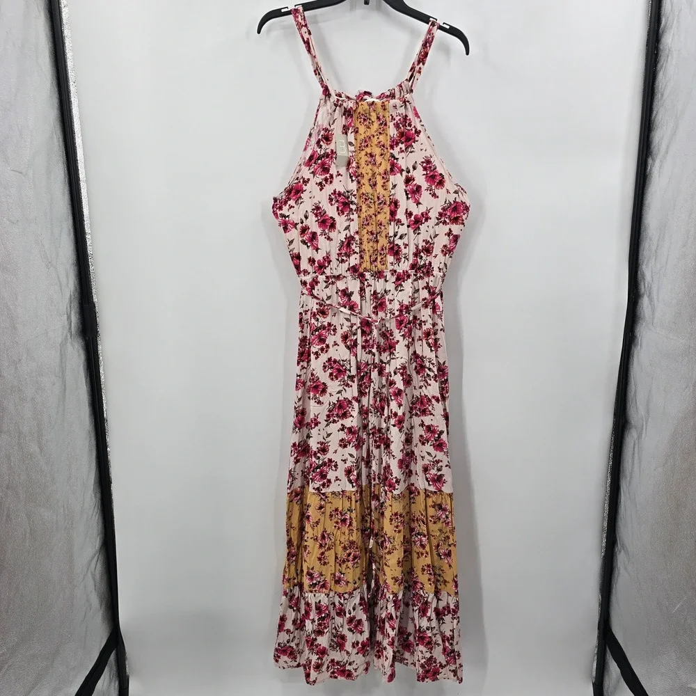 NEW Maurices Pink Mustard Floral Halter Maxi Dress Medium NWT